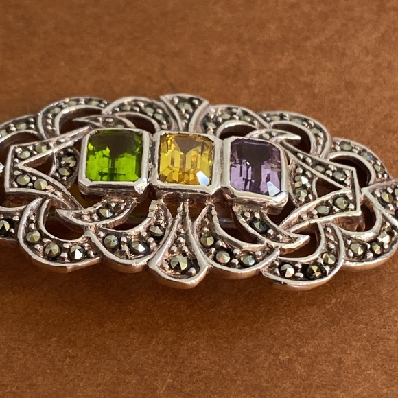 Vintage Sterling Silver Amethyst Citrine Peridot & Marcasite Brooch Pin - Picture 3 of 11